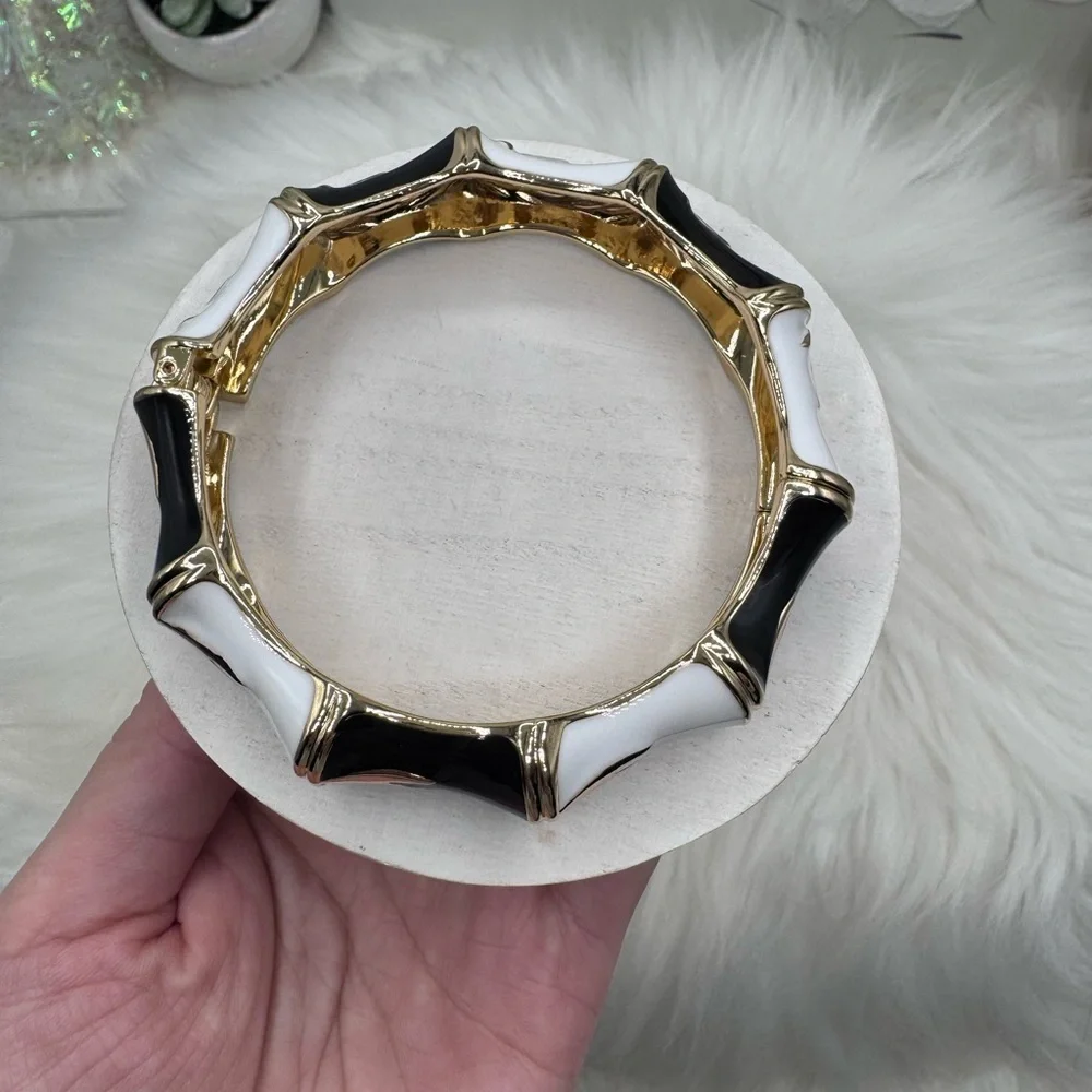Black, Gold & White Design Thick Enamel Bangle Bracelet